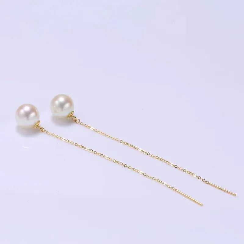 100% Real 18K Gold Natural Freshwater Pearl Drop Earrings Pure AU750 Simple Tassel Earrings for Women Fine Jewelry
