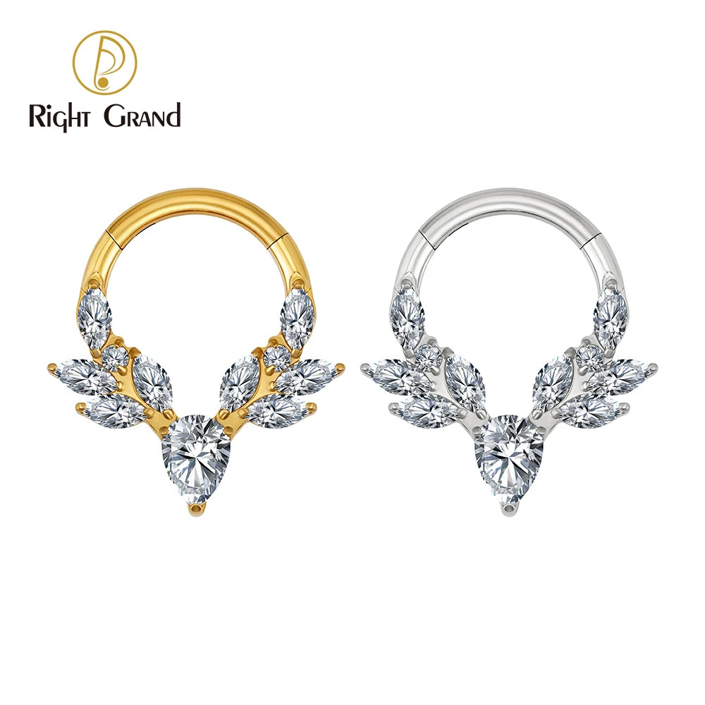 Right Grand ASTM F136 Titanium Vine Marquise CZ Septum Ring 16G Pear CZ Daith Earring Helix Cartilage Piercing Body Jewelry