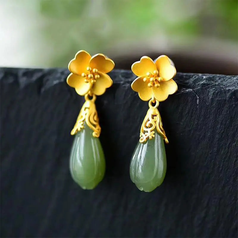 Original new ancient gold craftsmanship inlaid orchid natural Hetian jade earrings Chinese style elegant ladies silver jewelry