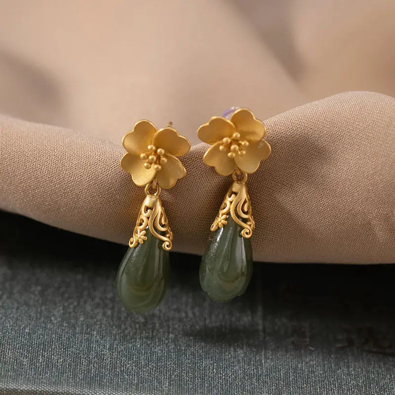 Original new ancient gold craftsmanship inlaid orchid natural Hetian jade earrings Chinese style elegant ladies silver jewelry