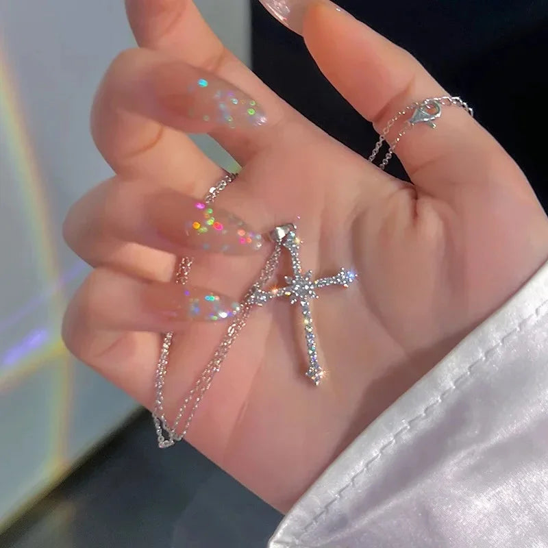 Crystal Cross Pendant Necklace for Women Girls  Shiny Sweet Chain Punk Party Fashion Pendant Fashion Jewelry Accessories
