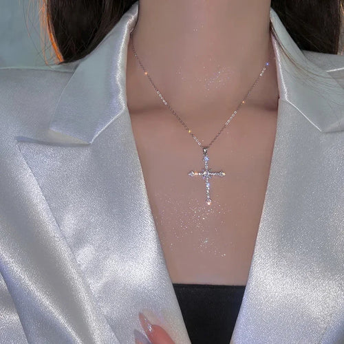 Crystal Cross Pendant Necklace for Women Girls  Shiny Sweet Chain Punk Party Fashion Pendant Fashion Jewelry Accessories