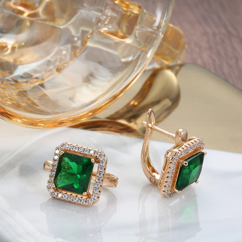 SYOUJYO Luxury Green Square Natural Zircon Earrings For Women Grace 585 Rose Gold Color Party Earrings Fashion Fine Jewelry 2022