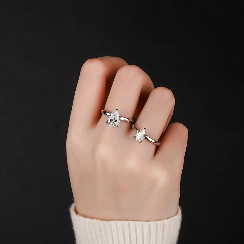 FIRERING 1-2ct True Droplet Moissanite Ring with Certificate Passed Diamond Test Women Jewelry Gift S925 Silver