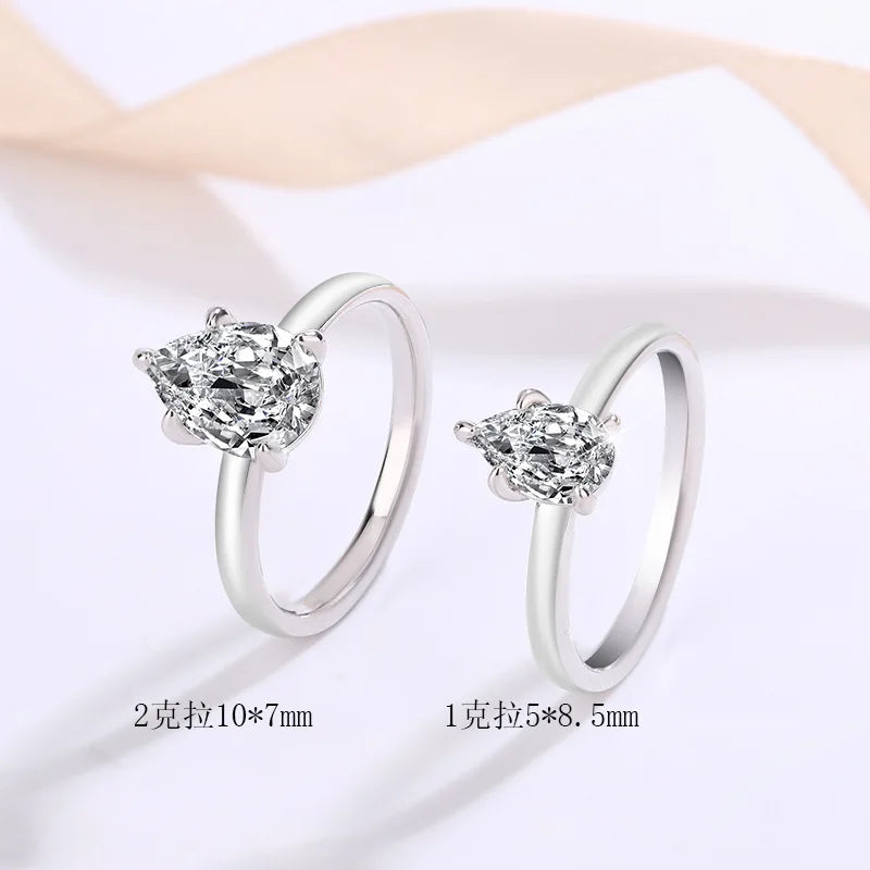 FIRERING 1-2ct True Droplet Moissanite Ring with Certificate Passed Diamond Test Women Jewelry Gift S925 Silver
