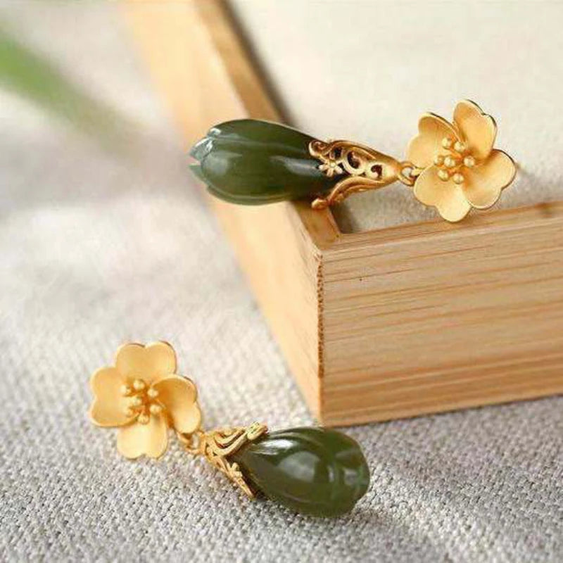 Original new ancient gold craftsmanship inlaid orchid natural Hetian jade earrings Chinese style elegant ladies silver jewelry