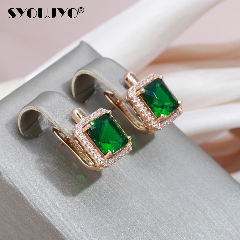 SYOUJYO Luxury Green Square Natural Zircon Earrings For Women Grace 585 Rose Gold Color Party Earrings Fashion Fine Jewelry 2022